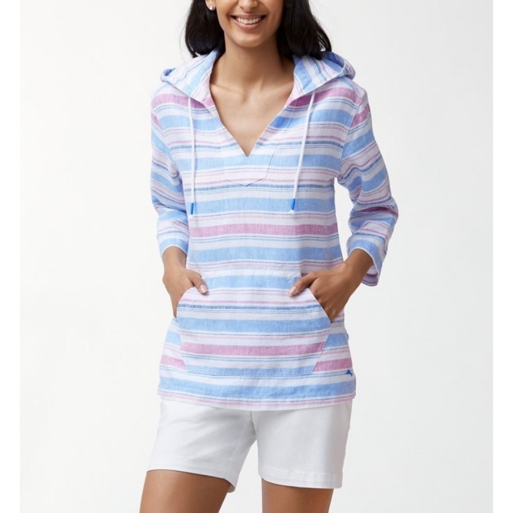 Tommy Bahama Tulum Stripe Linen Hoodie Women's Large Pullover V-Neck Pockets